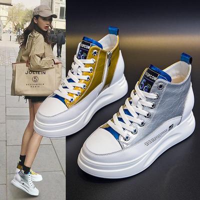 2025 Women's White High-Top Sneakers: Spring/Autumn Trendy Platform, Genuine Leather, Color-Matching, Height-Enhancing Design