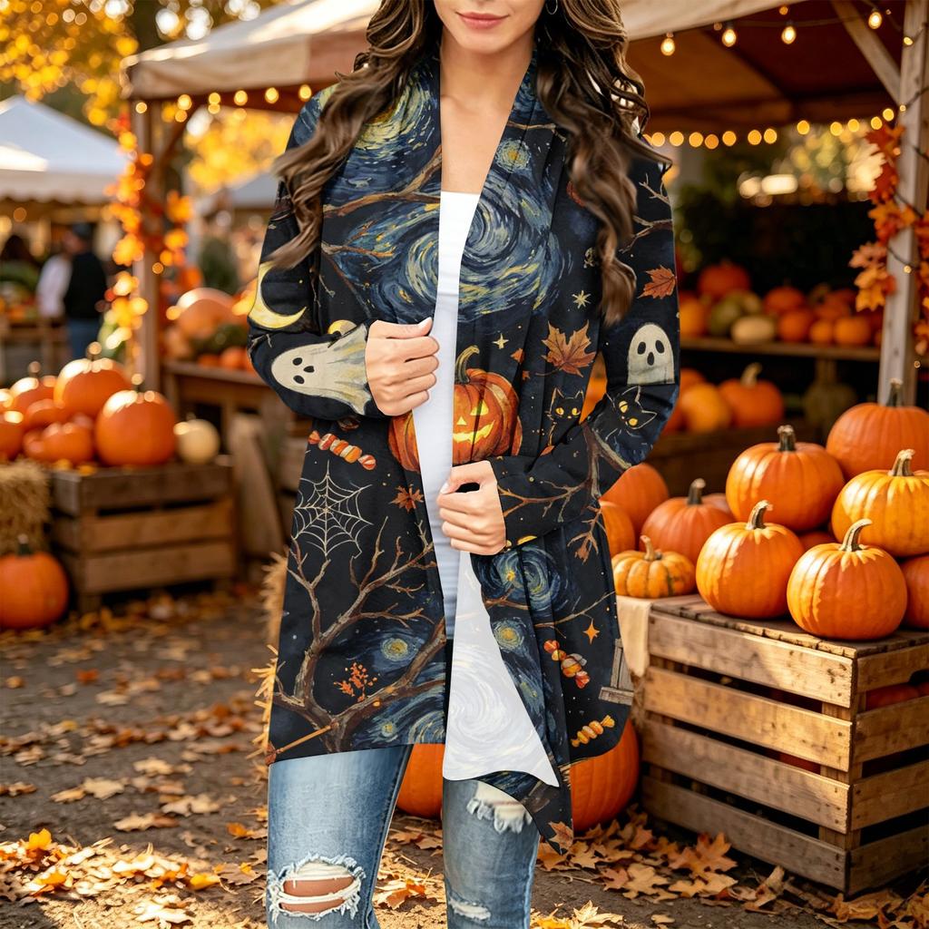Women's Long Sleeve Halloween Print Cardigan for Casual Everyday Wear