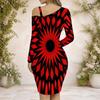 Women Plus Size One Shoulder Chain Strap Long Sleeve Printed Asymmetrical Hem Bodycon Dress