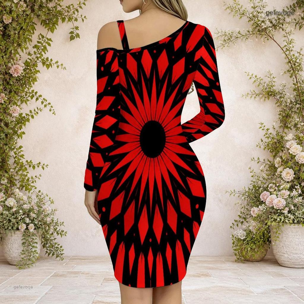 Women Plus Size One Shoulder Chain Strap Long Sleeve Printed Asymmetrical Hem Bodycon Dress