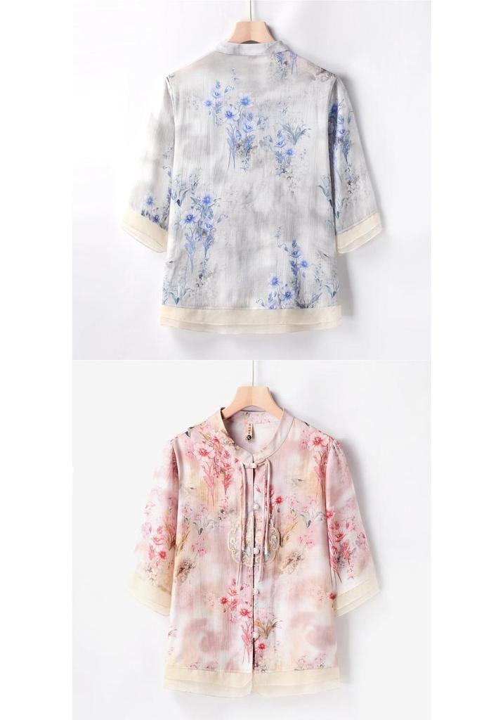 2026 Summer Chinese Style Mid-Sleeve Plus Size Blouse for Middle-Aged & Elderly Women
