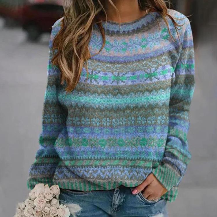 

Women s Printed Casual Loose Knit Sweater Long Sleeve Pullover Patterned Top S