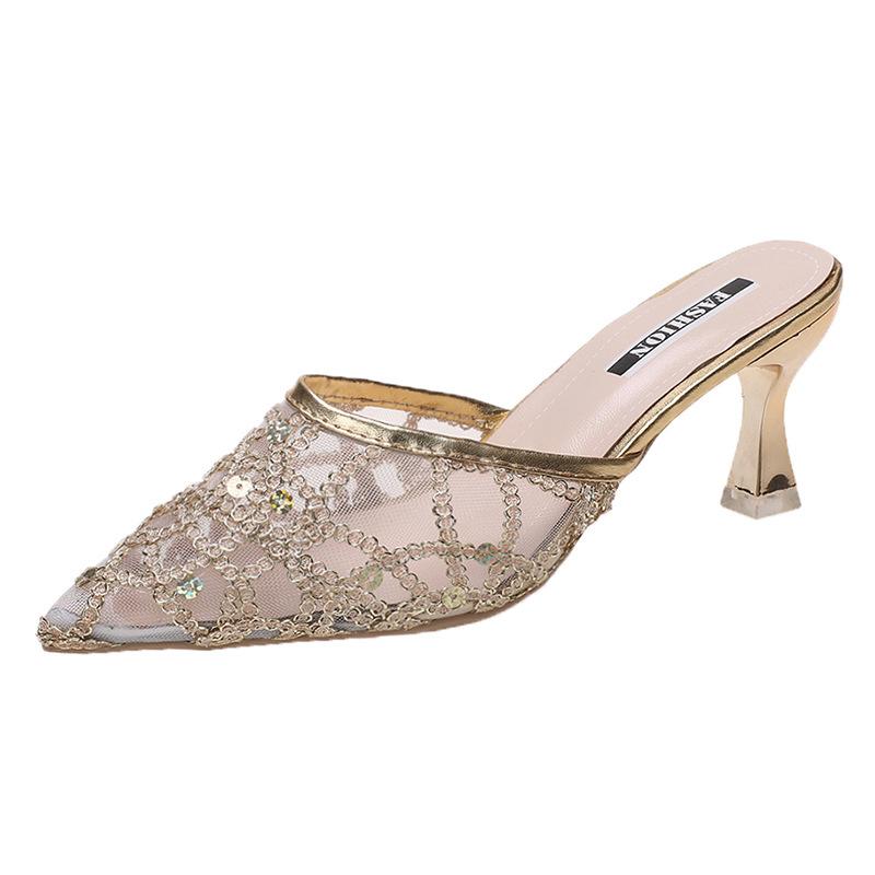 

Модные женские тапочки, летние модные сетчатые женские туфли на шпильке с острым носком, универсальные повседневные уличные тапочки Baotou для женщин 40 золотой