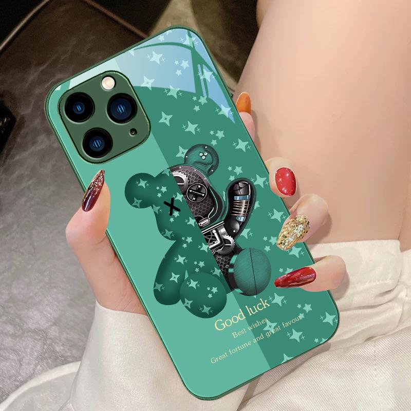 Brown Machine Bear For IPhone 16 Pro Max 15 Pro 14 13 12 Mini 11 XS Max XR 7 8 Plu SE 2022 Tempered Glass Phone Case