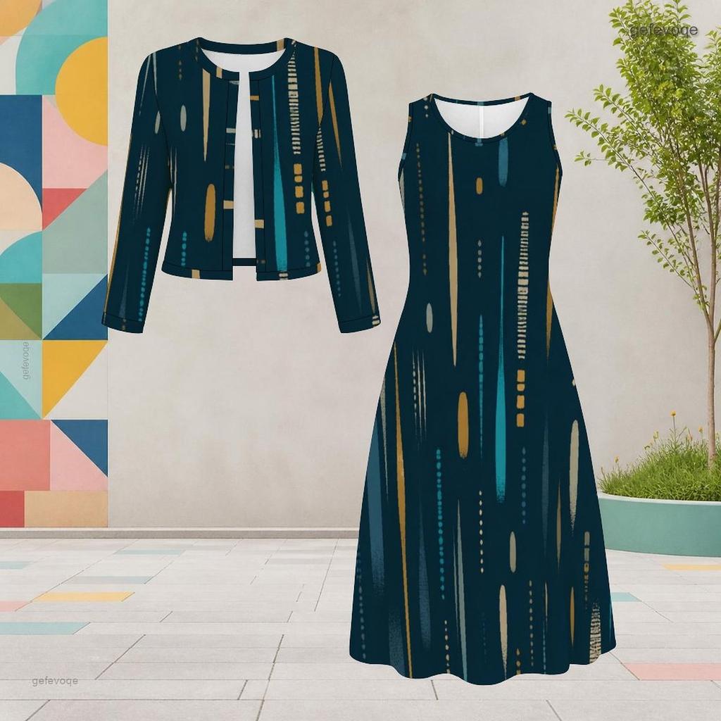 Women Plus Size Printed Two Piece Set Round Neck Long Sleeve Cropped Cardigan Sleeveless Midi Dress