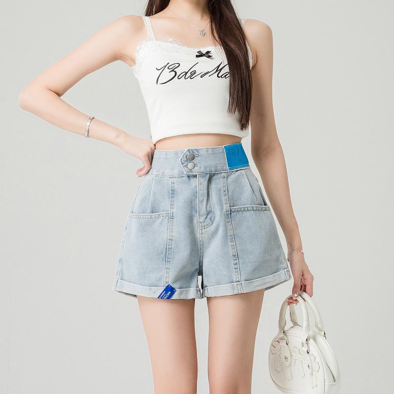 

Большие размеры, ленивый стиль, синие джинсовые шорты для женщин, летний дизайн, высокая талия, две пуговицы, свободные фигурные брюки А-силуэта, широкие брюки 3XL