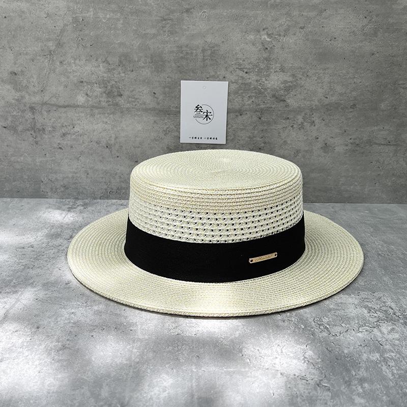 25 Straw Hollow Flat Top Straw Hat Men'S And Women'S Summer Seaside Vacation Beach Sun Hat Elegant Temperament Top Hat