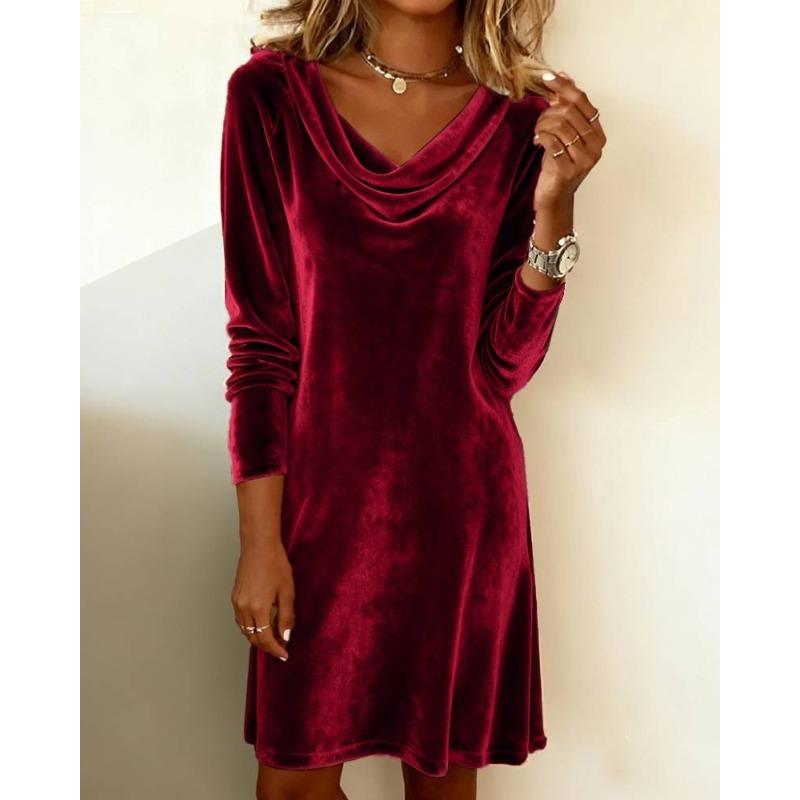 JPNTKY Fashion Autumn Winter Solid Color Print  U-Neck Long Sleeve Casual Dresses