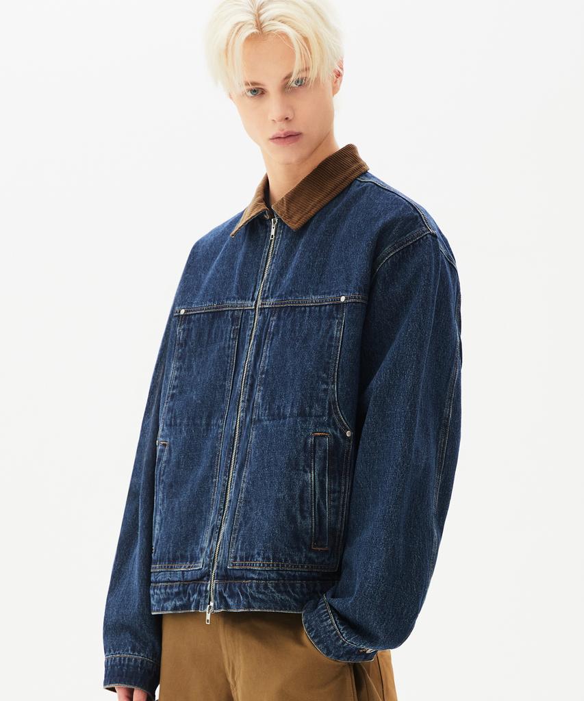 Trillion Corduroy Collar Denim Zip-Up Work Jacket (Middle Blue)