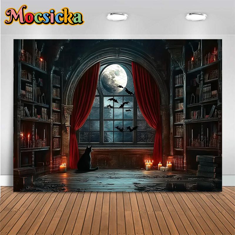 Mocsicka Halloween Background Ancient Night Moon Bat Indoor Home Bookshelf Decorations Child Baby Portrait Photo Backdrop Banner