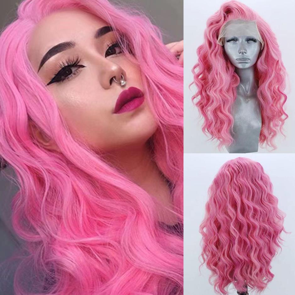 AIMEYA Pink Lace Front Wig Long Body Wave Synthetic Hair 13x4 Glueless Natural Hairline Frontal Lace Cosplay Daily Use Wig