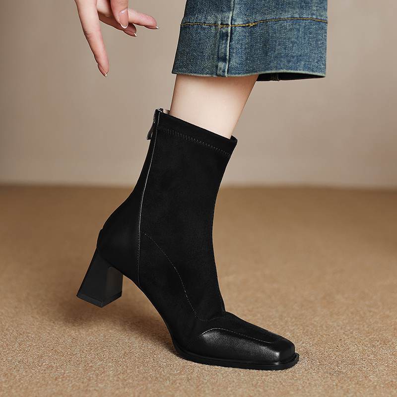Krazing Pot Flock Autumn Winter Shoes Thick High Heels Big Size 40 Modern Boots Square Toe Keep Warm Zip Ankle Boots