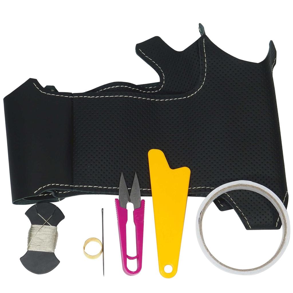 Fuga DIY-Lenkrad-Rückspulset aus echtem Leder. Links und rechts schwarzes Lederstanzen x oben und unten schwarzes Leder x mondweiße Nähte (Y51) [BS