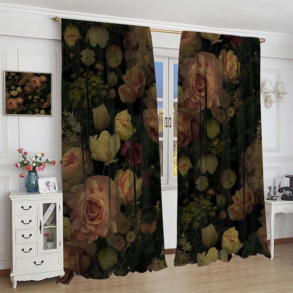Gothic Floral Blackout Curtains   Rustic Farmhouse Retro Flower Watercolor Vintage Plant Boho Halloween Window Drapes   for Bedroo