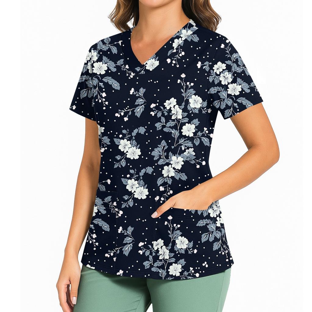 Women's Floral Print V Neck Medical Scrub Top with Side Slits Short Sleeve Professional Nurse Uniform Shirt for Healthcare Workers