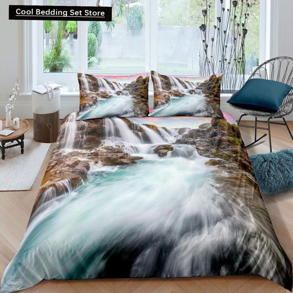 Waterfall king Queen Duvet Cover Floral Trees Bedding Set Natural landscape quilt cover Purple Dream polyester Comforter Cover
