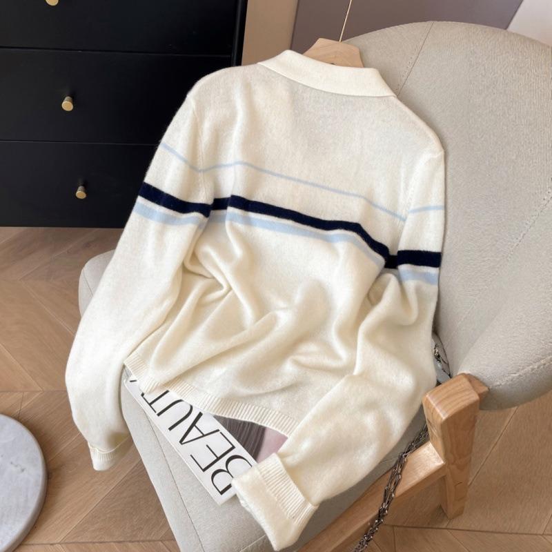 Lapel Knitted Sweater Women's Autumn and Winter New Striped Sweater Half Zipper Top