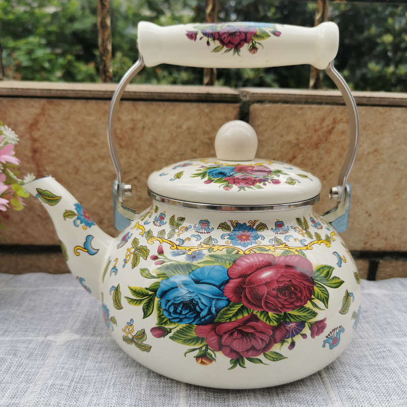 2.5 Quart Vintage Enamel Tea Kettle Green Floral Enamel on Steel Teapot with Handle for Stovetop Home Afternoon Tea Set Kettle
