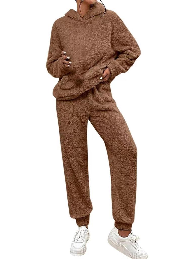 Autumn/Winter 2025 Women's Solid Plush Hooded Long Sleeve and Pants Set - European & American Style Casual Wear