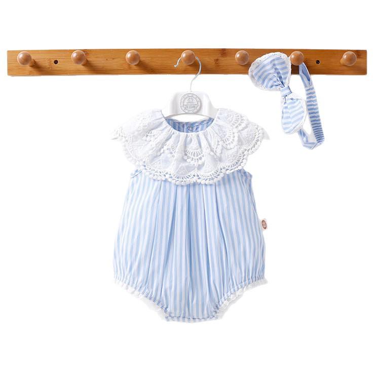 Pruhovaný krajkový dětský overal v korejském stylu - Letní 2022 Krátký rukáv