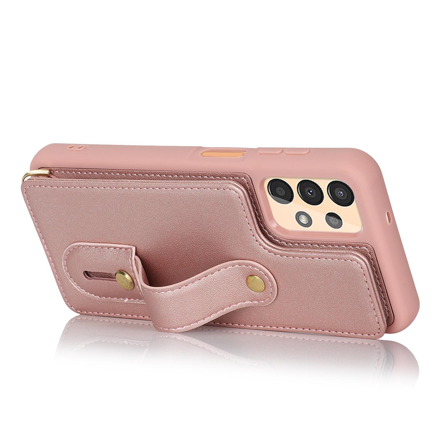 

For Samsung Galaxy A53 5G PU Leather+TPU Phone Case Card Slots Design Wristband Kickstand Cover Rose Gold