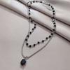New Fashion Black Resin Bead Chain Choker For Women Double Layer Square Pendant Necklace Party Jewelry Gifts