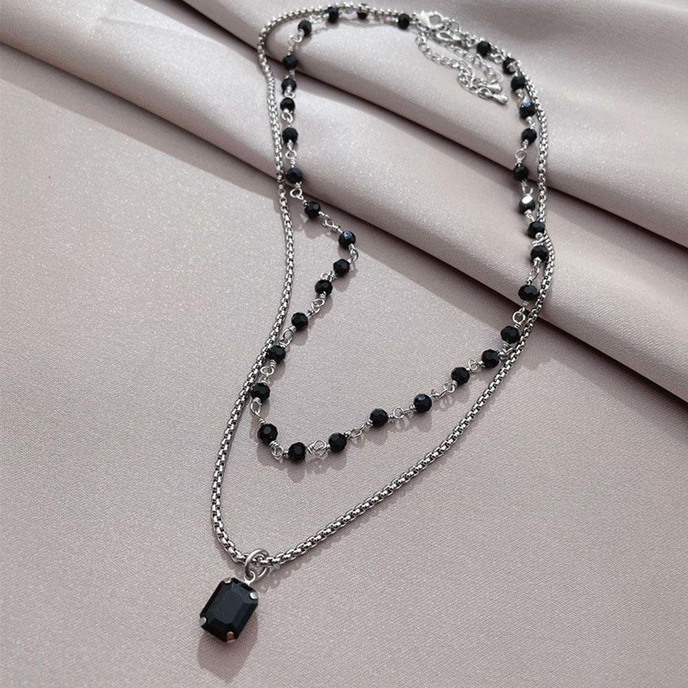 New Fashion Black Resin Bead Chain Choker For Women Double Layer Square Pendant Necklace Party Jewelry Gifts