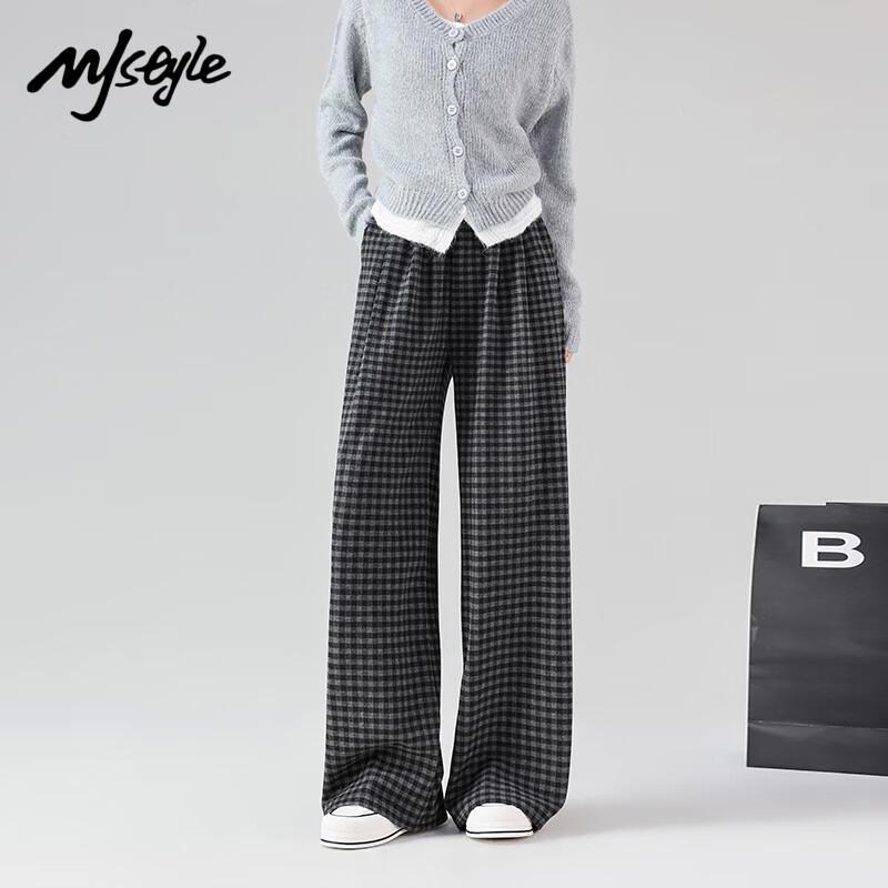MJ STYLE Women's Retro Plaid Wide-Leg Casual Pants
