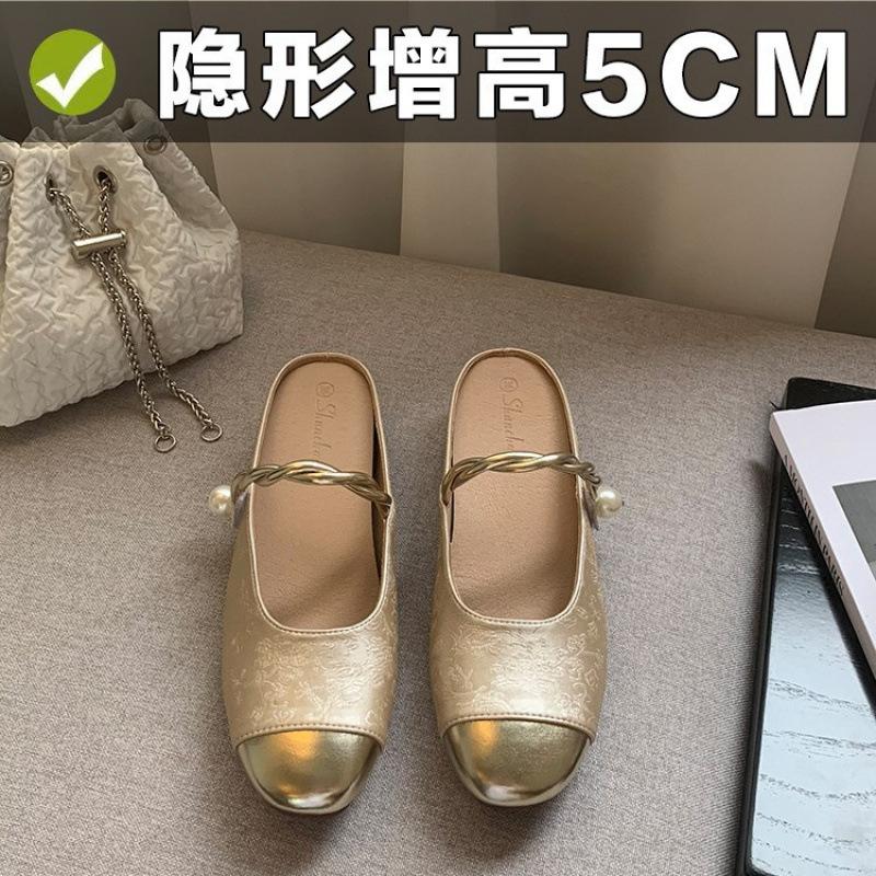 New Trendy with Round Head Low Heel with Shallow Mouth Inner Height Increase Half Tray Sandals Women