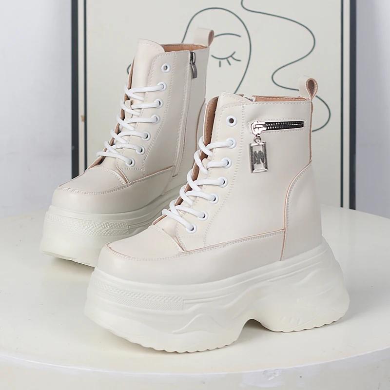 

Fashion 12CM Genuine Leather Platform Wedge Chunky Sneakers Spring Autumn Ankle Boots Ladies Booties Mixed Color Hidden Heel Shoes 34
