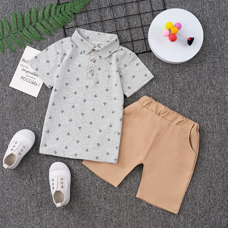 Children's Polo Shirt Set 0-5 Years Old Boy Full Printed Lapel Short-sleeved T-shirt Shorts 2-piece Set