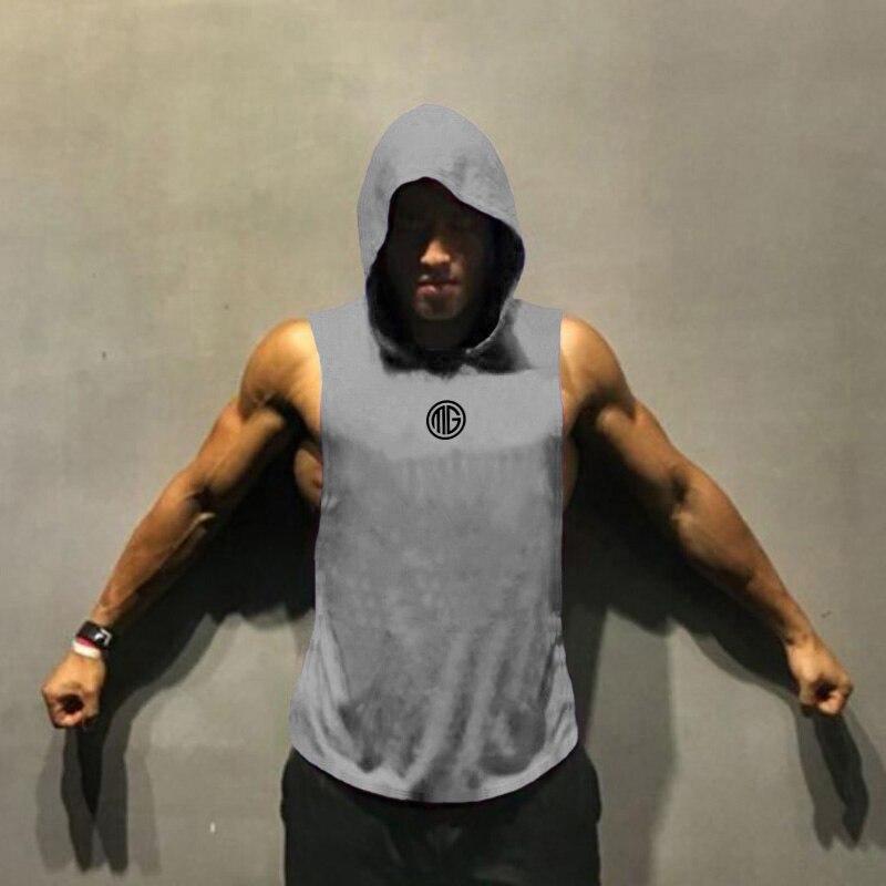 Muscleguys Summer Men's Cotton Breathable Sweat Absorbing Sports Hooded Vest Fitness Loose Sleeveless T-shirt