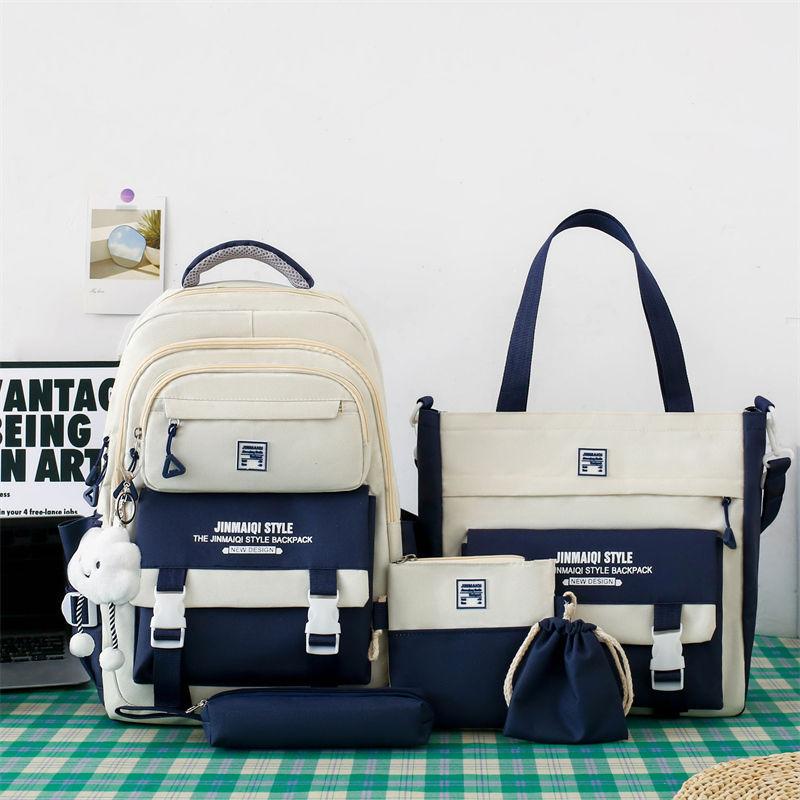 5Pcs  Student Backpack Set The Start of School Season Korean Fashion Junior High School Backpacks Large Capacity Two-piece Bags Set