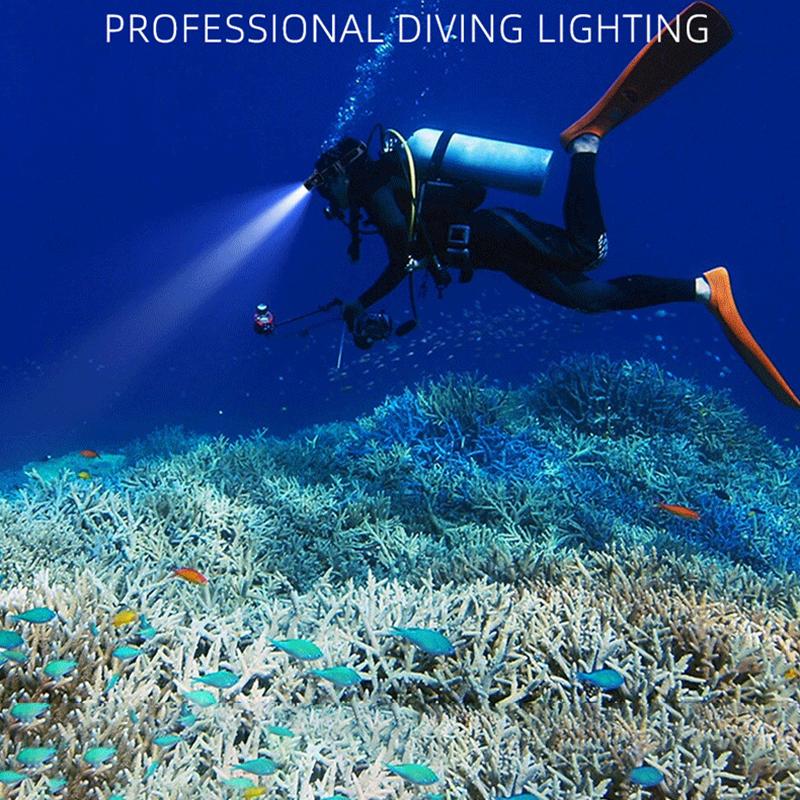 Taşınabilir Şarj Edilebilir Dalış Feneri 350M Sualtı 2 Işık Modu Su Geçirmez Süper Parlak Led Dalgıç Zıpkınla Balık Avı Kafa Lambası