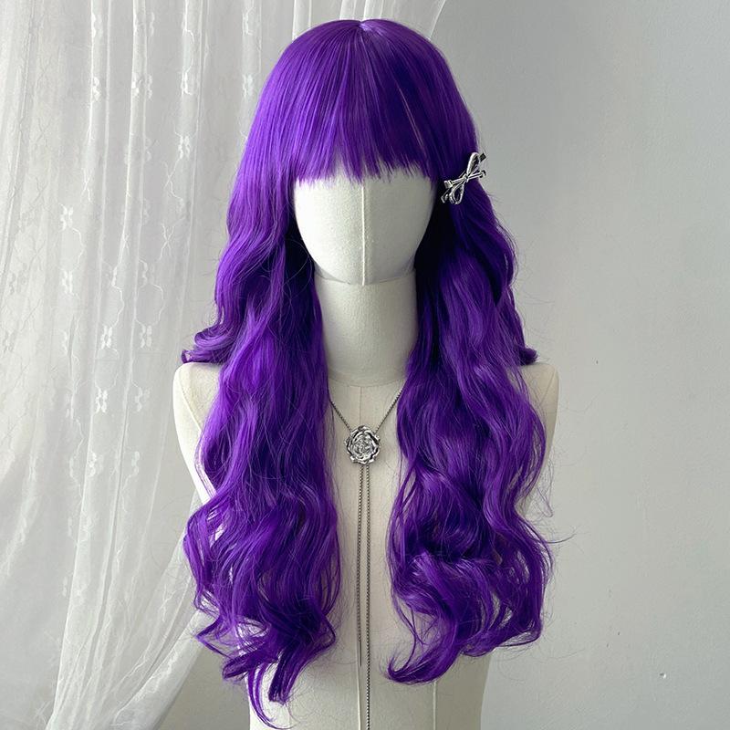 Japanese Korean Black Long Curly Hair Wig Women's Air Bangs Big Waves Synthetic Full Head Cover