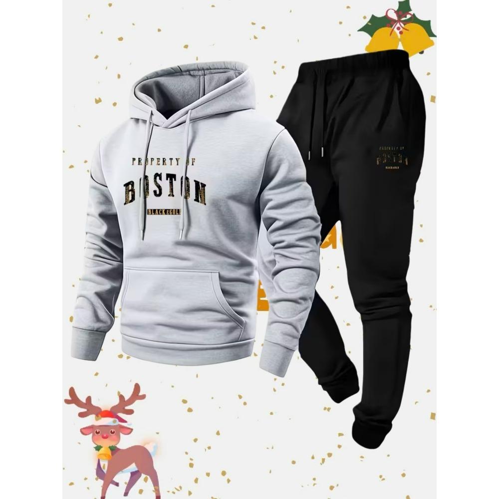 Spring and Autumn Warm Men's Hoodie Set Sports and Leisure Two Piece Set Boston Printed Hoodie and Casual Pants Combination