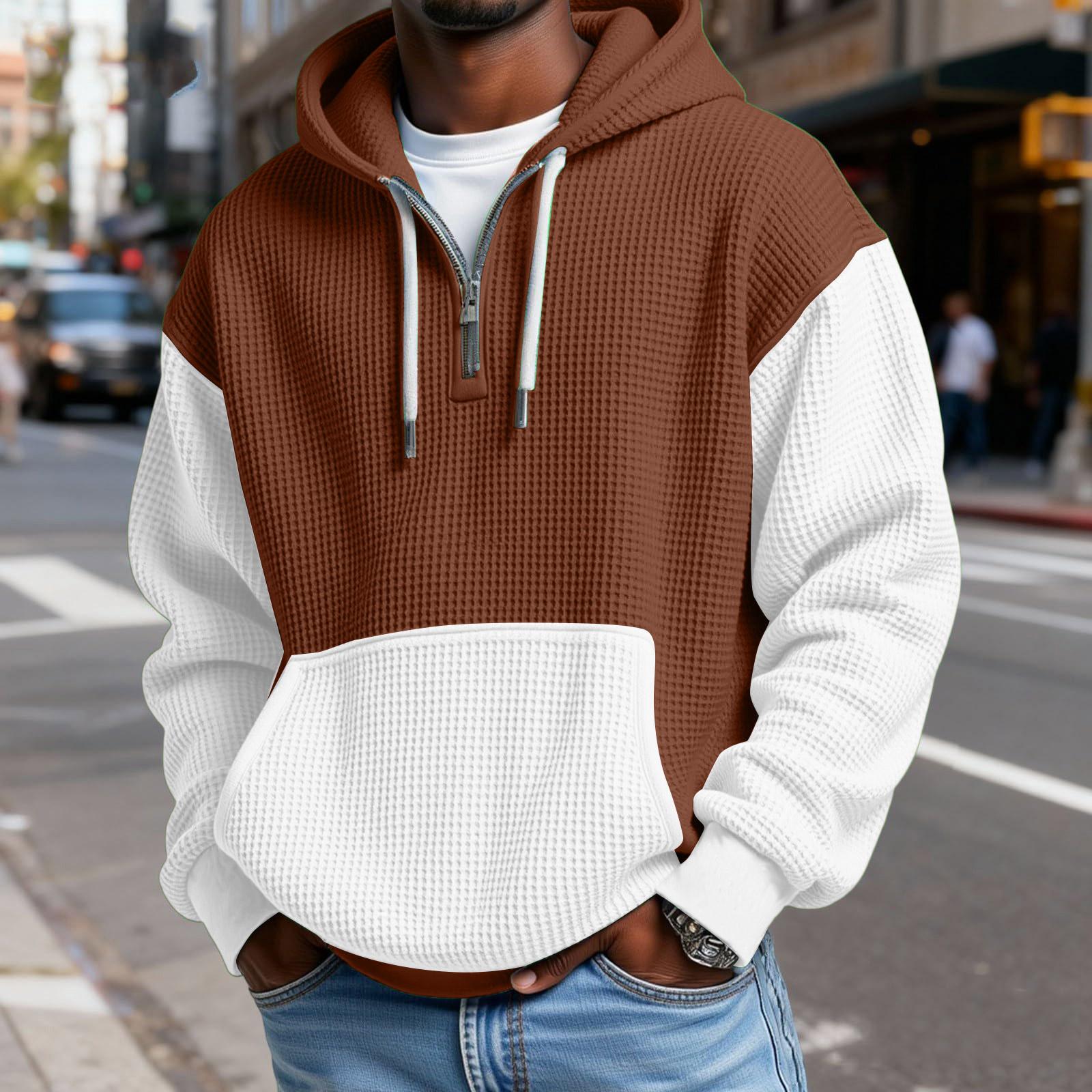 

Men s Fashion Trendy Half Zipper Hooded Hood Pullover Thickened Texture Hoodie XXXL коричневый