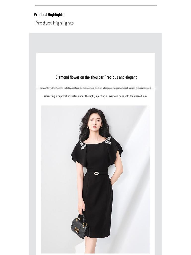 High-End Round Neck Studded Ruffle Sleeve Waist-Cinching Dress for Women - Summer Fashion