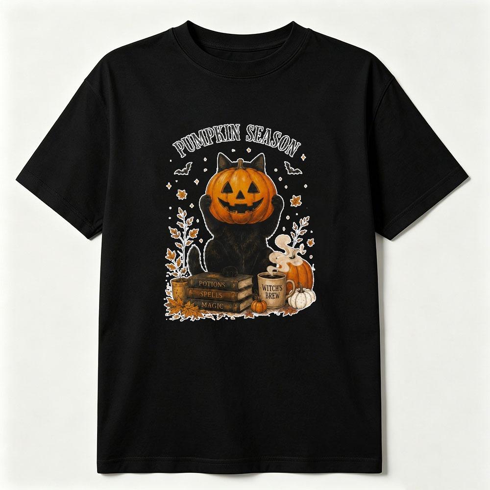Halloween Black Cat Graphic Shirt Spooky Pumpkin Cat Tee Cute Halloween Cotton T-Shirt Fall Graphic Shirt Funny Halloween Gift