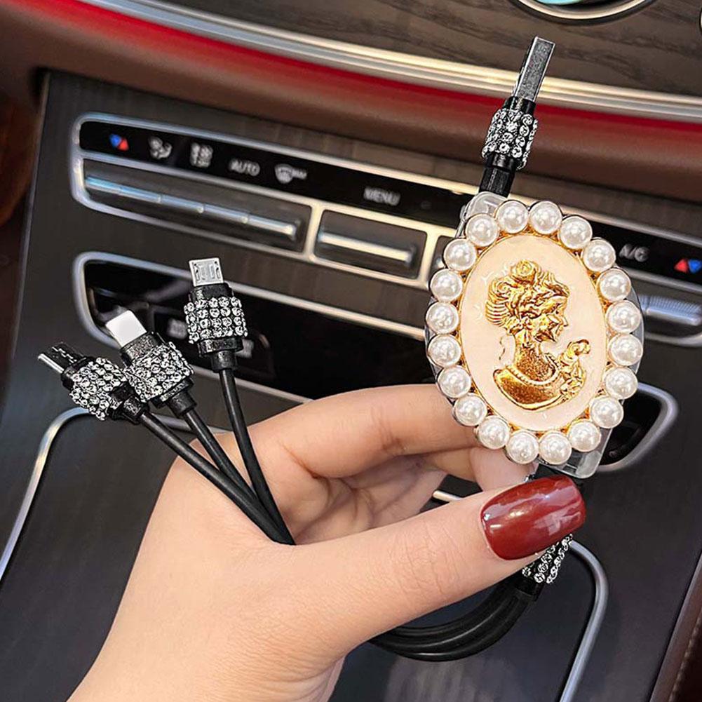 Bling Diamond Goddess Love Car Charger USB Multi Charging Cable Auto Fast Charging With 1 In 3 Type C/Micro/Port Sync Data Line
