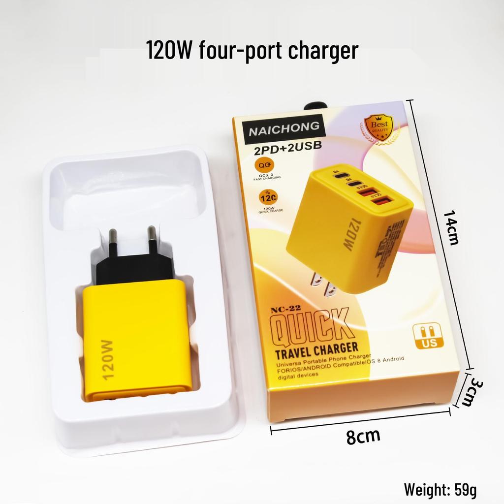 120W Multi-Port Fast Charger: Dual USB & Dual Type-C, US & EU Compatible