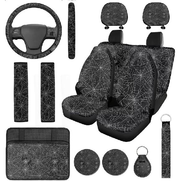 Red Spider Web Car Seat Covers with Steering Wheel Cover,Armrest Cushion,Seat Belt Covers Cup Holder with Keychain,Automotive Protector Set Unverisal