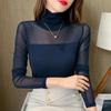 Woman Fashion Slim Sexy Gauze Lace T-Shirt Turtleneck All-match Long Sleeve Elegant Pullover Female Chic Solid Casual Tops 2022