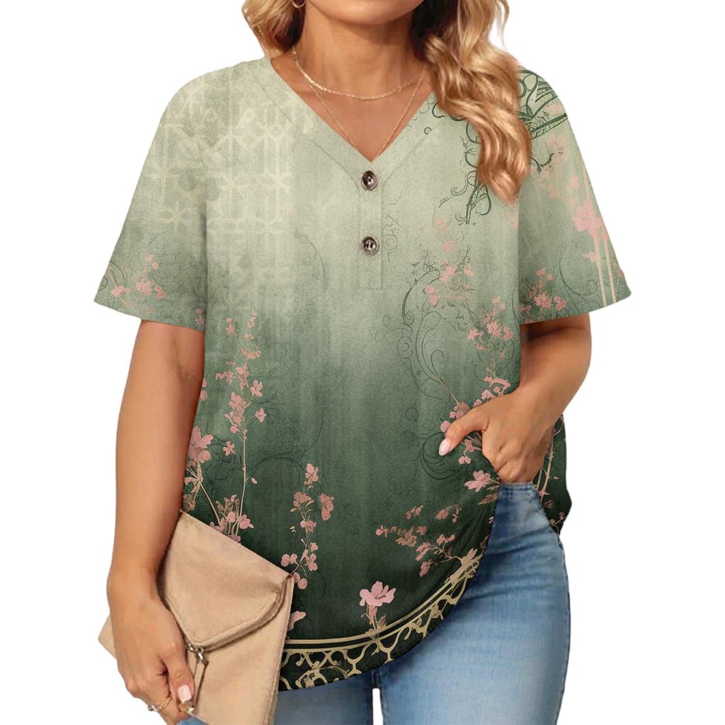 T-shirt Top Casual Stampata da Donna con Scollo a V a Maniche Corte Taglia Larga