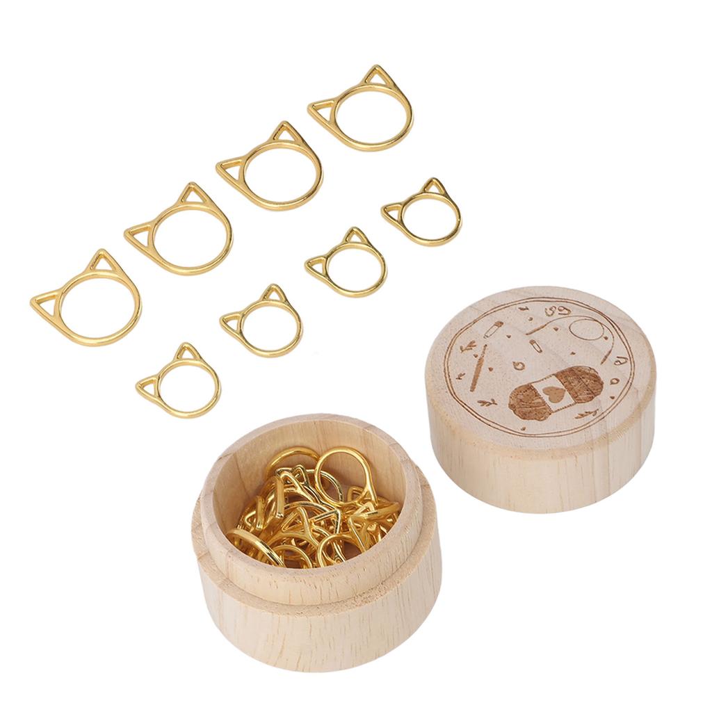 30pcs Stitch Marker Rings Cute Cat Head Shape Crochet Stitch Marker with Wooden Storage Box for