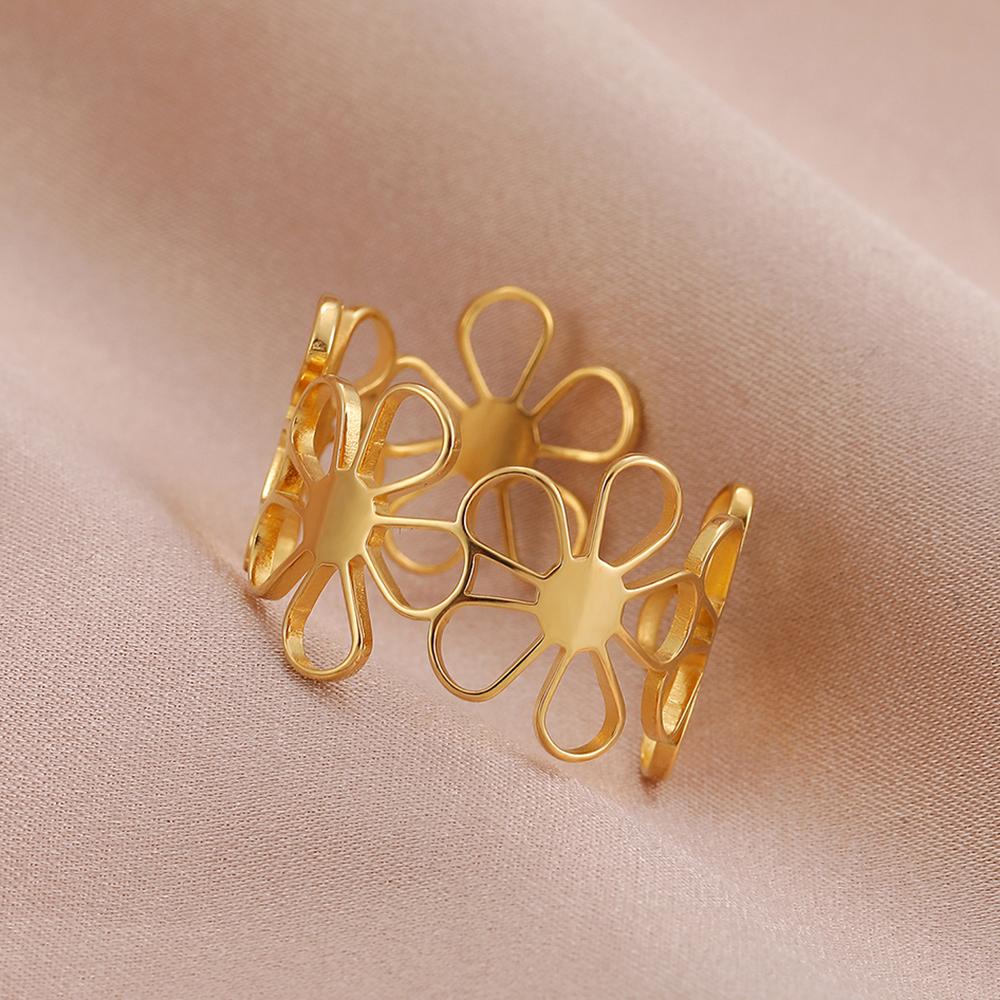 Stainless Steel Ring Vintage Daisies Flowers Open Fashion Ladies Couple Adjustable Rings For Women Zircon Aesthetic Girls Gifts
