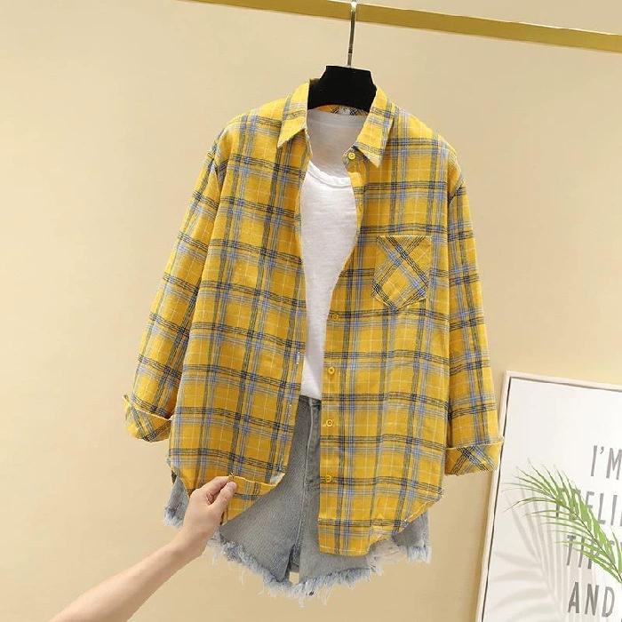 

Spring Autumn Fashion Shirt Large Size Long Classic Sleeve Single-breasted Collar Patch Pocket Loose Plaid Print Casual Shirt Blouse XXL