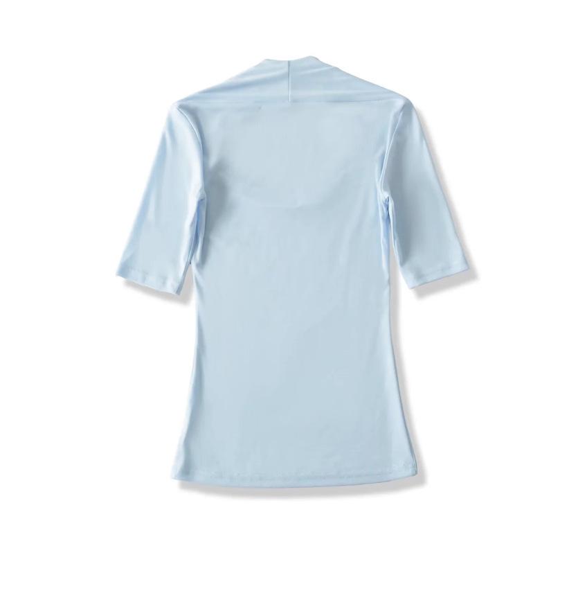 Light Gray Square Neck Slim Fit T-Shirt for Women - Short Sleeve, Waist Cinched, Ideal for Spring/Autumn