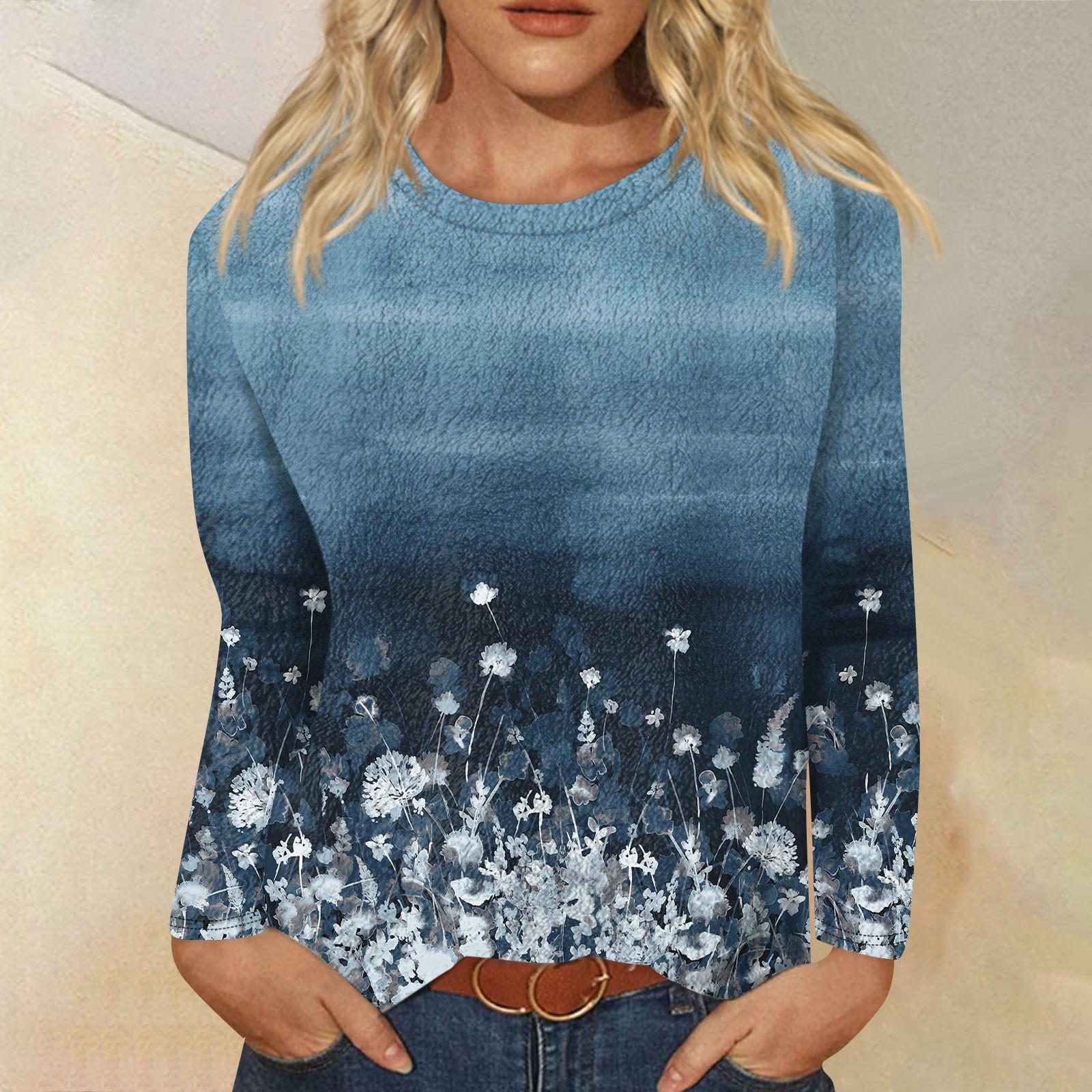 

Женская модная повседневная фланелевая футболка с длинным рукавом и круглым вырезом с принтом XL тёмно-синий