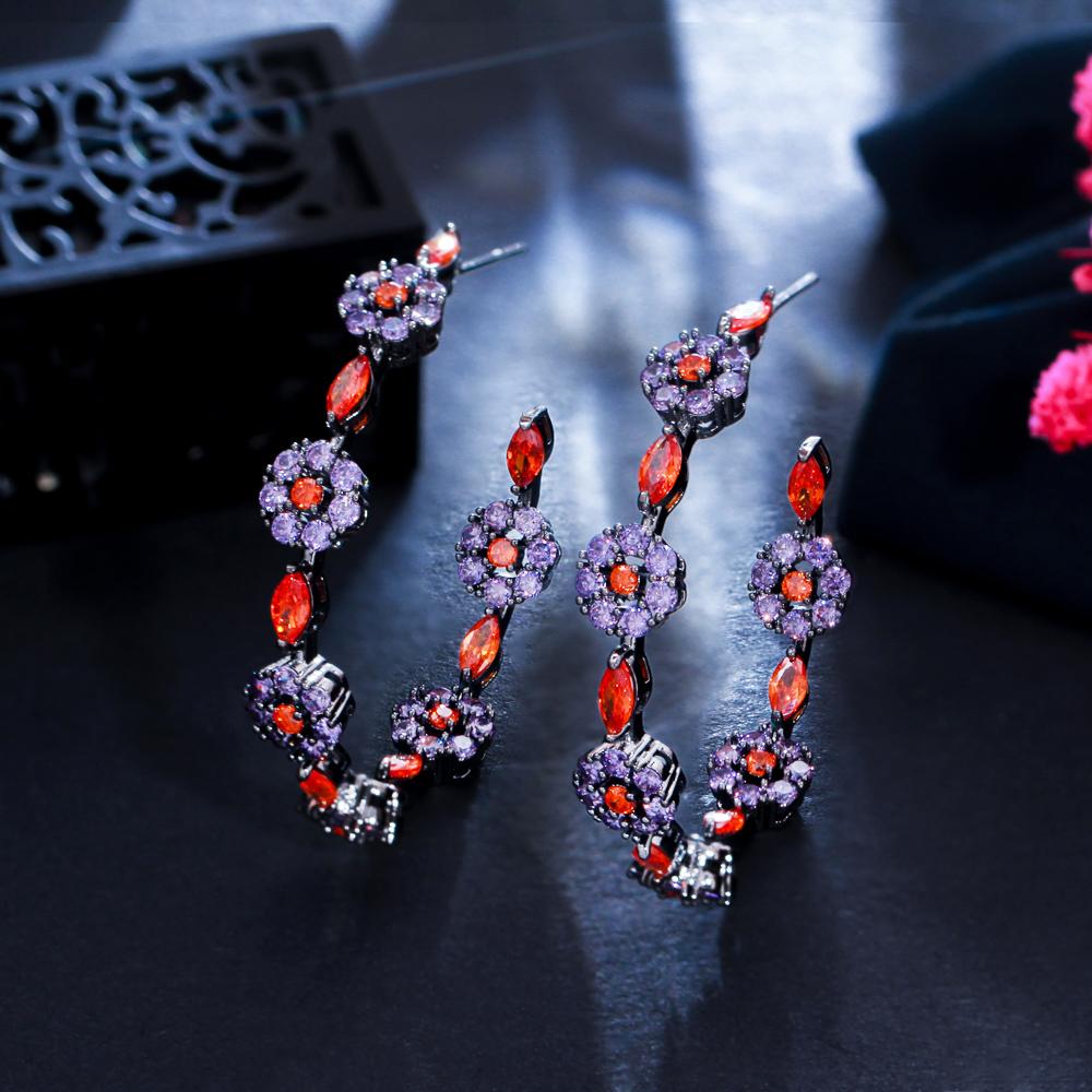Elegant Purple Red Cubic Zirconia Crystal Flower Large Round Circle Hoop Earrings for Women Luxury Chic Jewelry